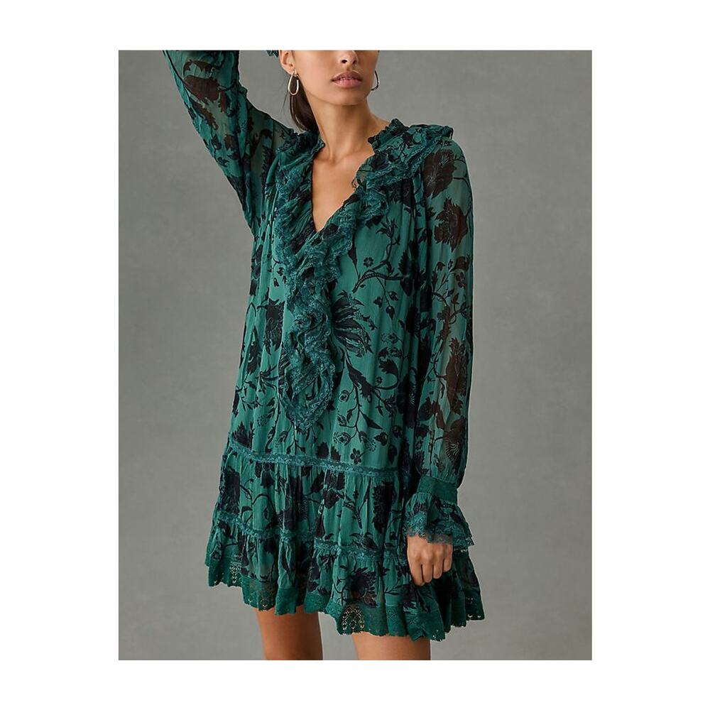 Anthropologie 'Florence Balducci' Green Ruffle V-Neck Long Sleeve Dress Size XXS